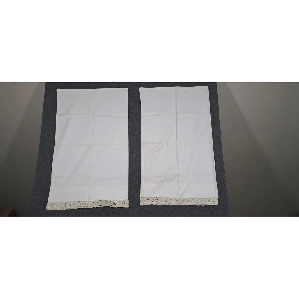 Vintage White Cotton Pillowcase Pair Handmade Crochet Lace Trim Victorian Style